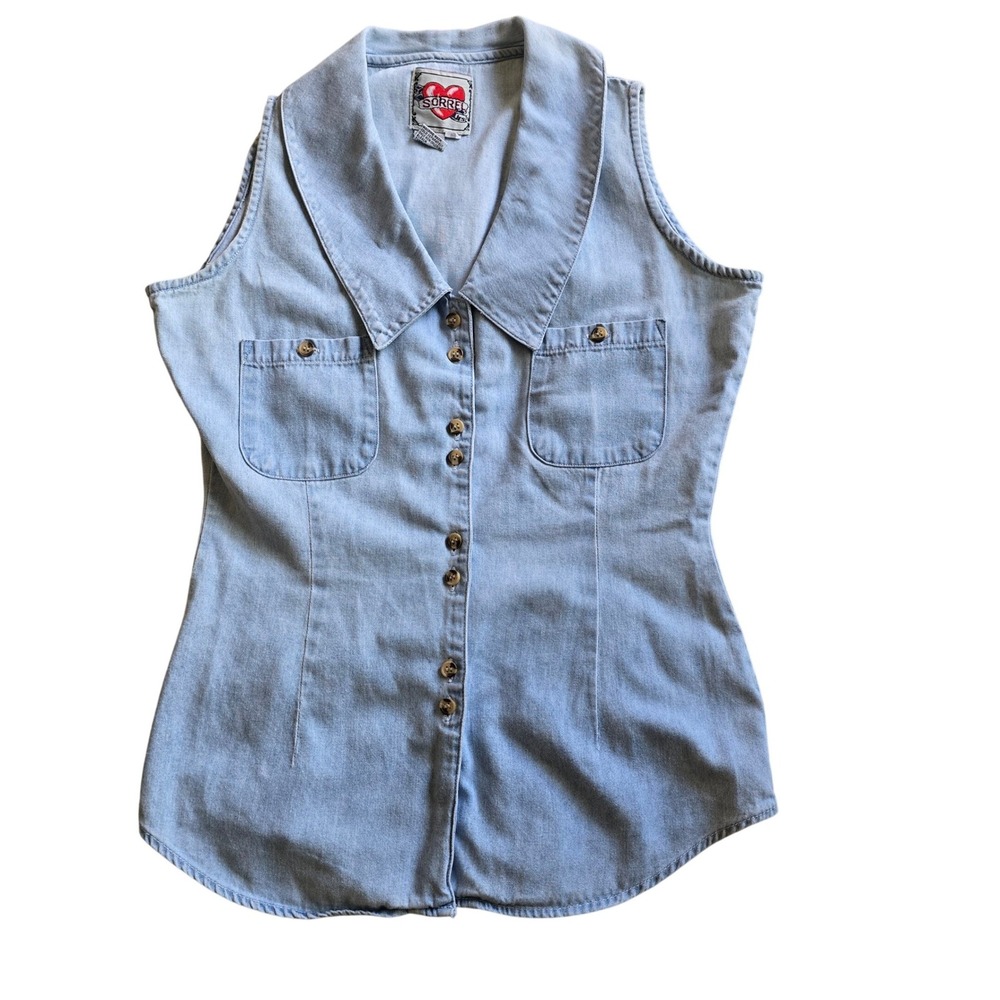Sorrel Jrs Vintage Light Wash Sleeveless‎ Denim Button Down Top Blue Small